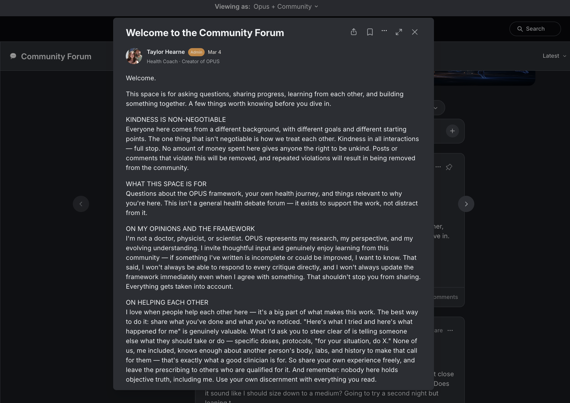 Inside the OPUS community forum — a kind, no-judgment space where you can ask anything, and I'm one message away.