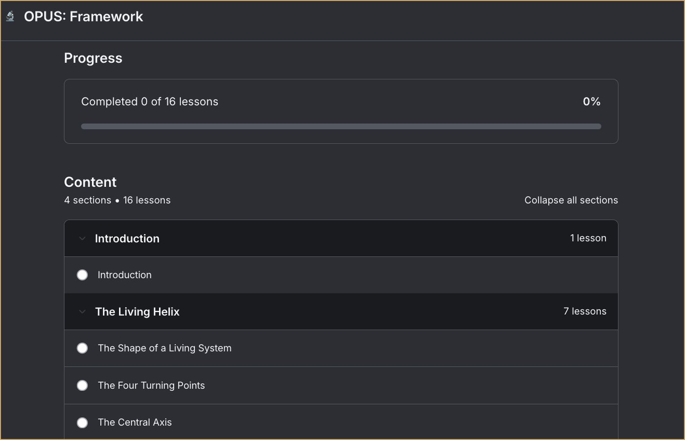 OPUS Framework table of contents — 16 lessons across 4 sections